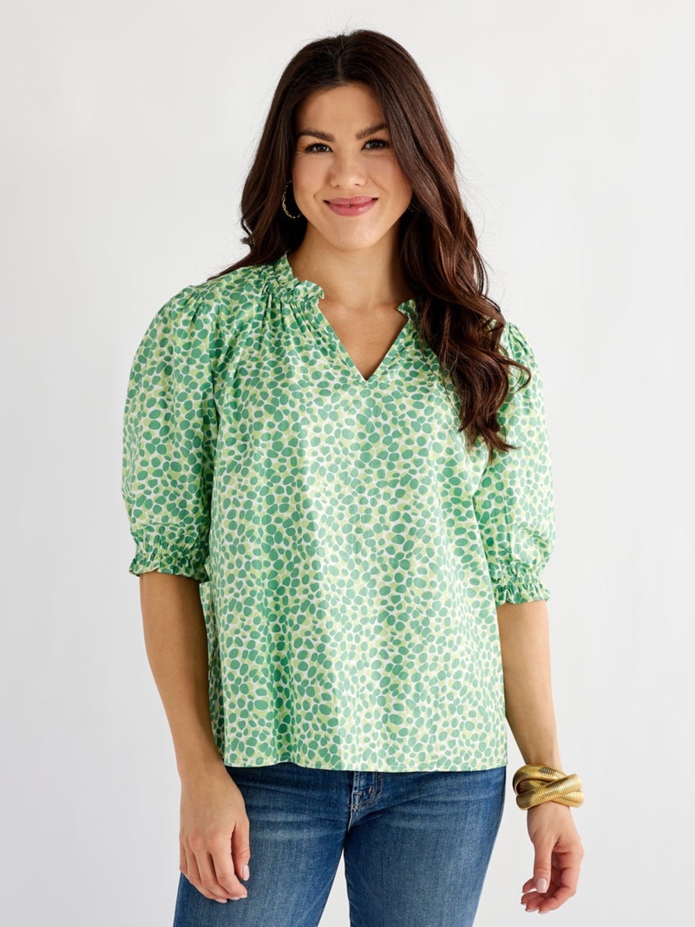 Caryn Lawn Erin Top in Green Poppy Printed Puff-Sleeve Blouse with Notch Neck